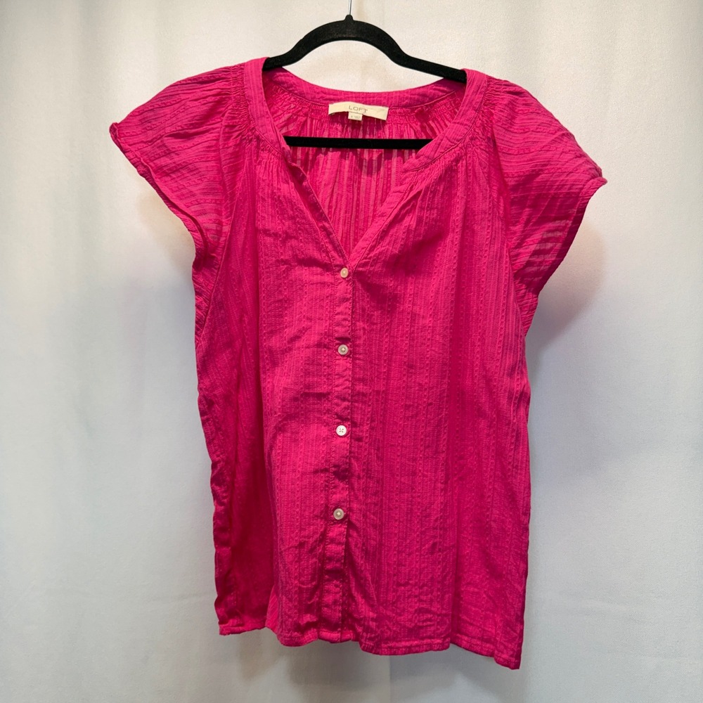 LOFT Bright Pink Button-Front Cap Sleeve Blouse